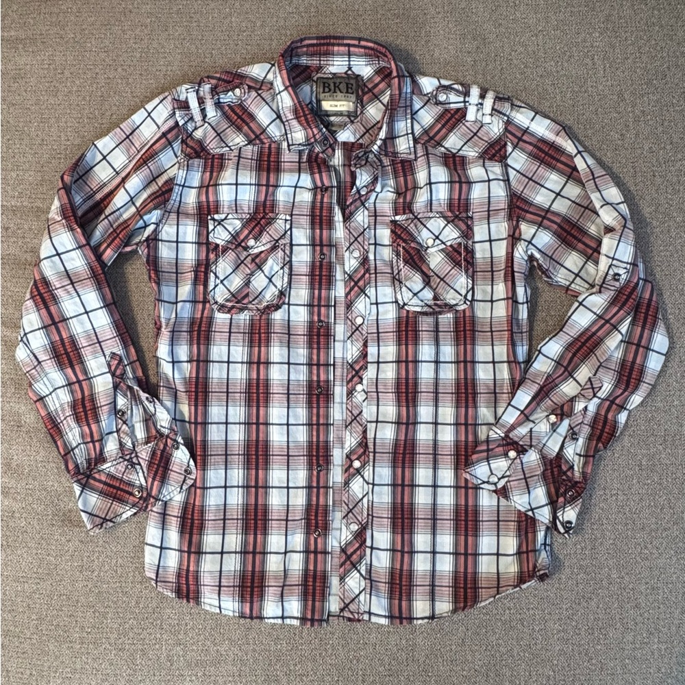 BKE Men's Casual Red and White Checkered Shirt